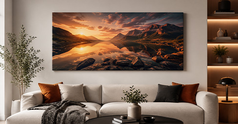 High-quality affordable canvas print hanging on a modern living room wall showing vivid colors and crisp detail, demonstrating that budget prints can look premium