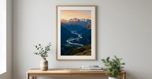A gallery wall of framed photo posters — mountain landscape, abstract art, a portrait and botanical prints — above a wooden sideboard in a bright living room