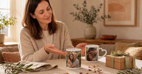 Woman in the kitchen holding a custom photo mug with a family photo next to two more photo mugs and a note reading My Photo Mug