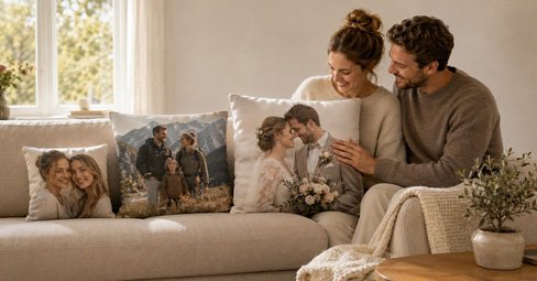 Three custom photo pillows with different family photos and couple motifs on a living-room sofa