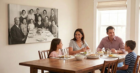 Large custom family beach portrait canvas print hanging in a modern dining room, featuring a matching personalized photo throw pillow and a custom coffee mug