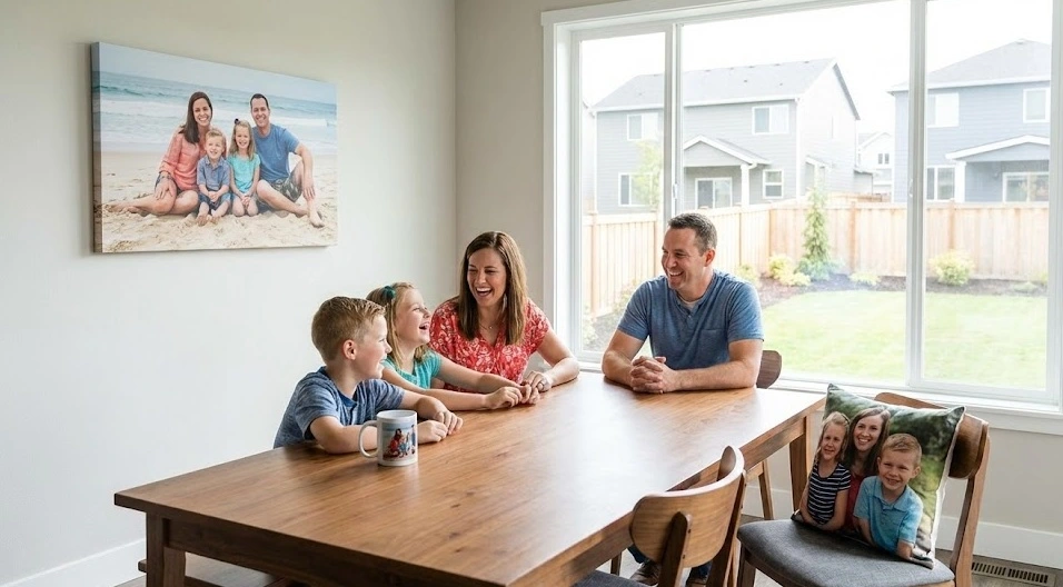 Large custom family beach portrait canvas print hanging in a modern dining room, featuring a matching personalized photo throw pillow and a custom coffee mug