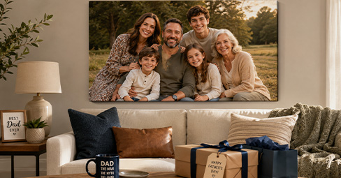 Stunning canvas print of a family photo hanging in a modern living room as a Father's Day gift, with warm natural lighting