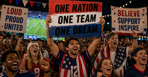 Custom football fan poster displayed at a game day watch party with face paint and jerseys