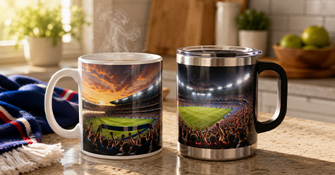 Collection of custom football fan souvenirs including photo mugs, magnets, keychains, and towels made from personal match-day photos