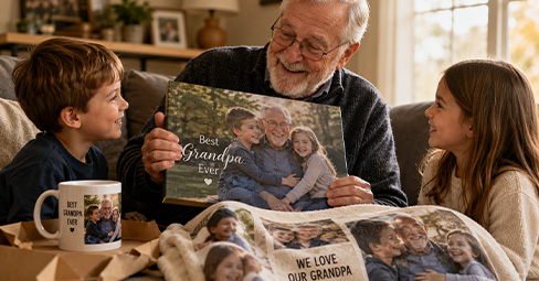 Grandfather smiling while looking at personalized photo gifts from grandchildren including a canvas print, photo mug, and photo blanket