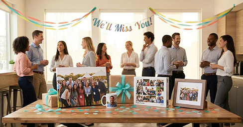 Personalized farewell gift for coworker beautifully wrapped with a handwritten goodbye card on an office desk