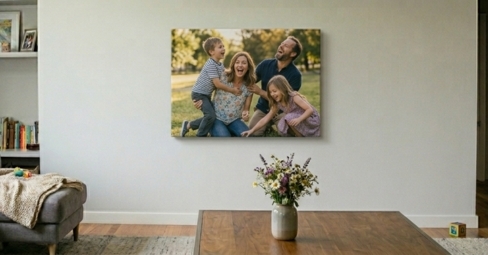 Grandmother sitting on her living room couch holding a personalized photo blanket with a collage of grandchildren's photos