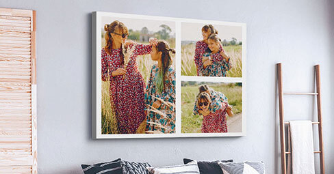 How to Make a Collage on Canvas. Woman setting up canvas collage with photos of her family.