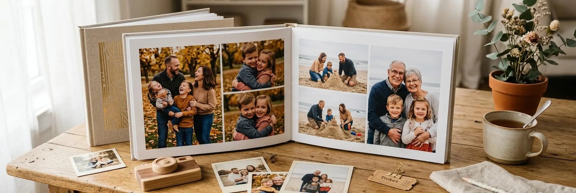 Open linen hardcover photo book showing family photo spreads on a table with loose prints