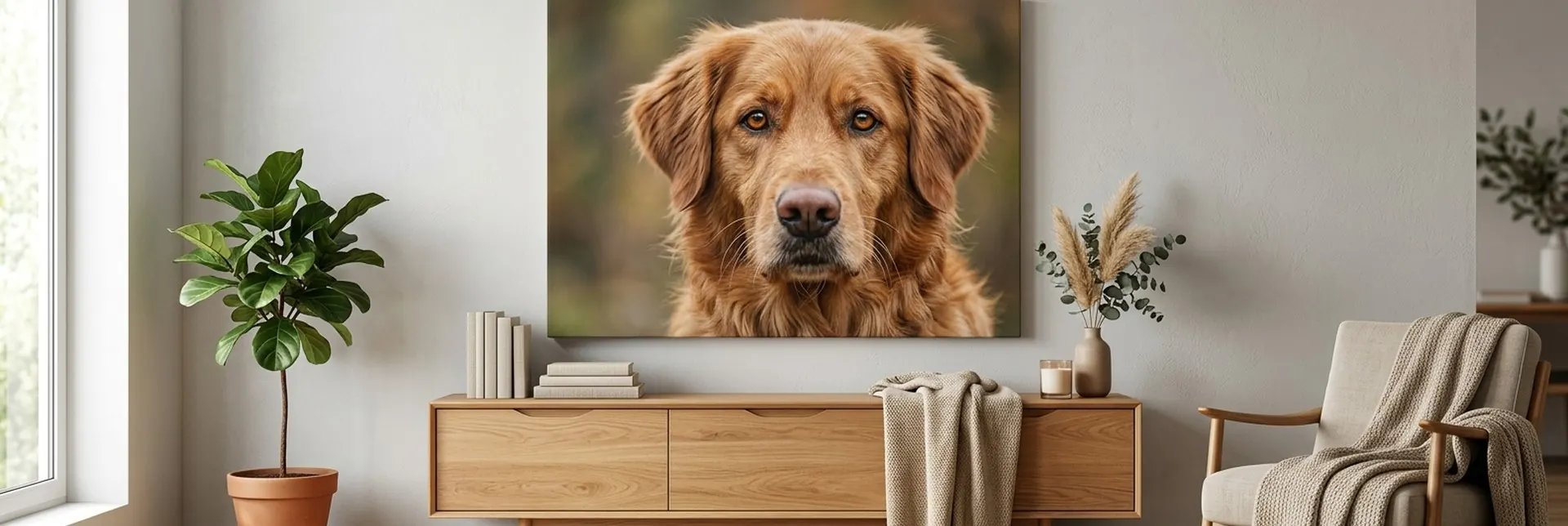 Golden retriever portrait on a canvas print above a wooden sideboard in a bright living room