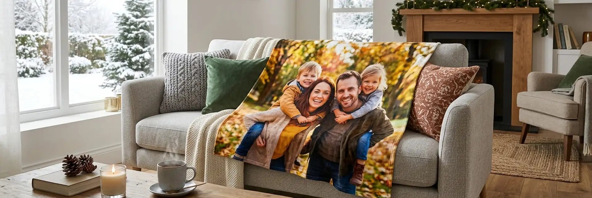 A family photo fleece blanket draped over a sofa in a bright living room