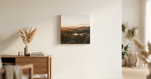 Beautiful gallery wall with mixed canvas prints and framed photos arranged in a modern living room above a sofa