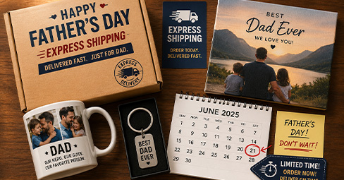 Last-minute Father's Day gift display with express shipping boxes, personalized photo mugs, canvas prints and keychains on a table with a calendar showing June 21
