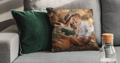 Make Your Own Photo Pillow in 3 Steps. Two personalized pillows with photos of couple.
