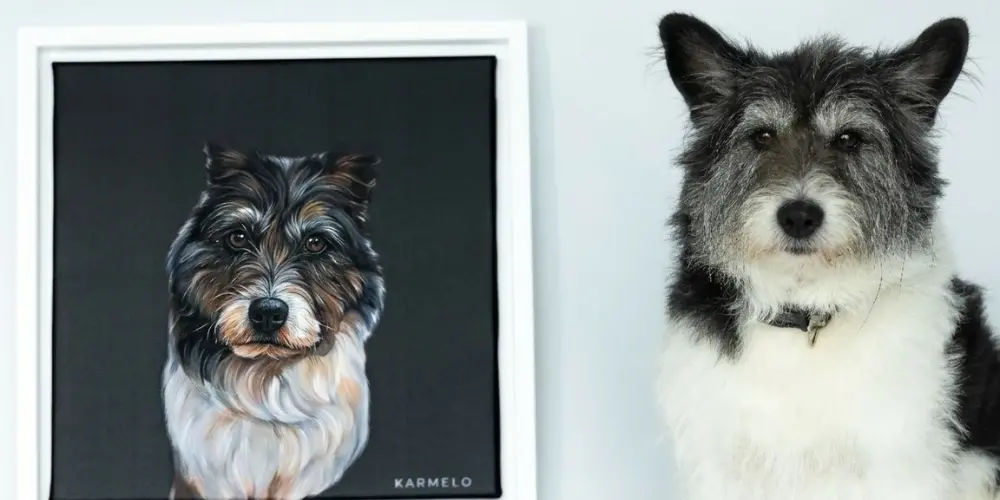 Custom AI pet portrait next to the original dog – create yours free at CANVASDISCOUNT