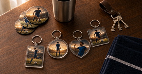 Custom photo keychains in heart, round, and rectangular shapes displayed with a camera, sunglasses, and travel mug