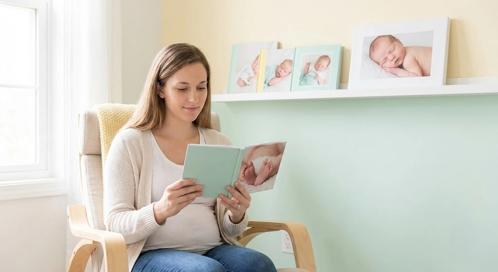 Mother in a nursery looking at a baby photo album book with framed baby photo print on the shelf behind her
