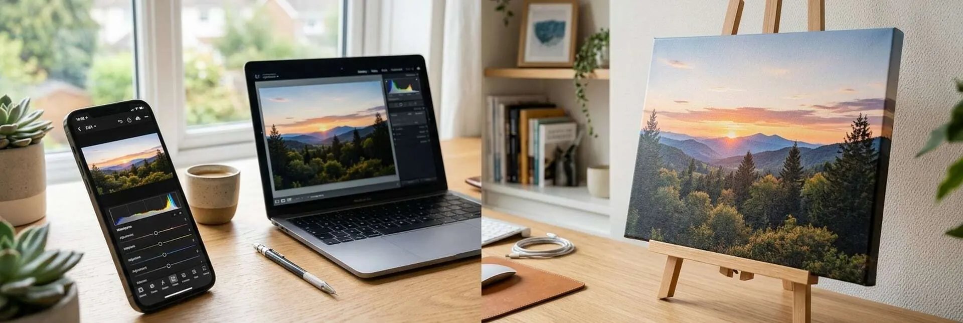 A landscape edited on a phone and laptop beside the finished scene printed on canvas