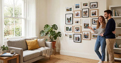 Gallery wall displaying multiple standard photo sizes from 4x6 to 24x36 canvas prints in a modern American living room