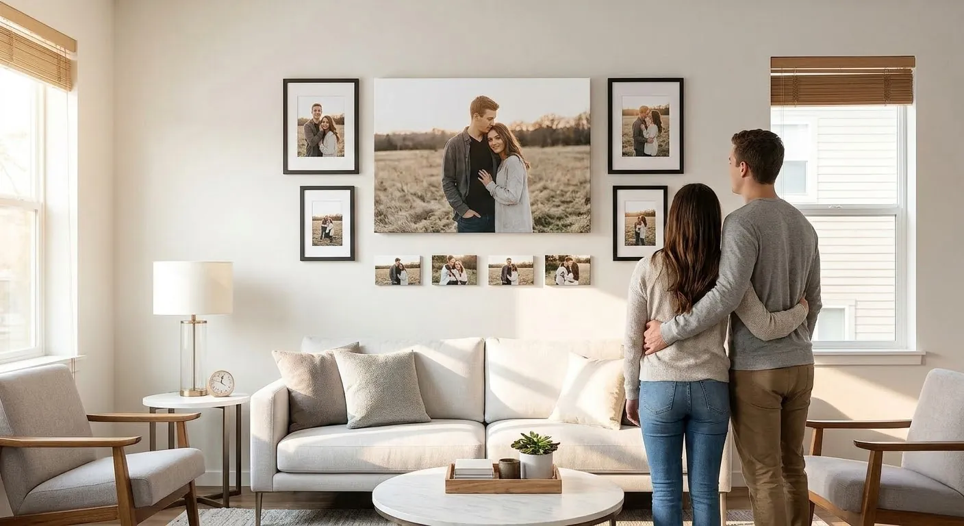 Gallery wall displaying multiple standard photo sizes from 4x6 to 24x36 canvas prints in a modern American living room