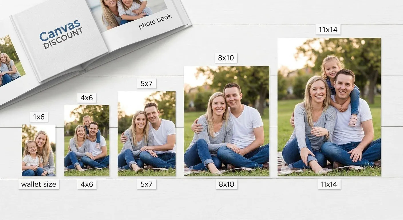 Flat-lay comparison of standard photo print sizes from wallet to 11x14 on a white table with labeled dimensions