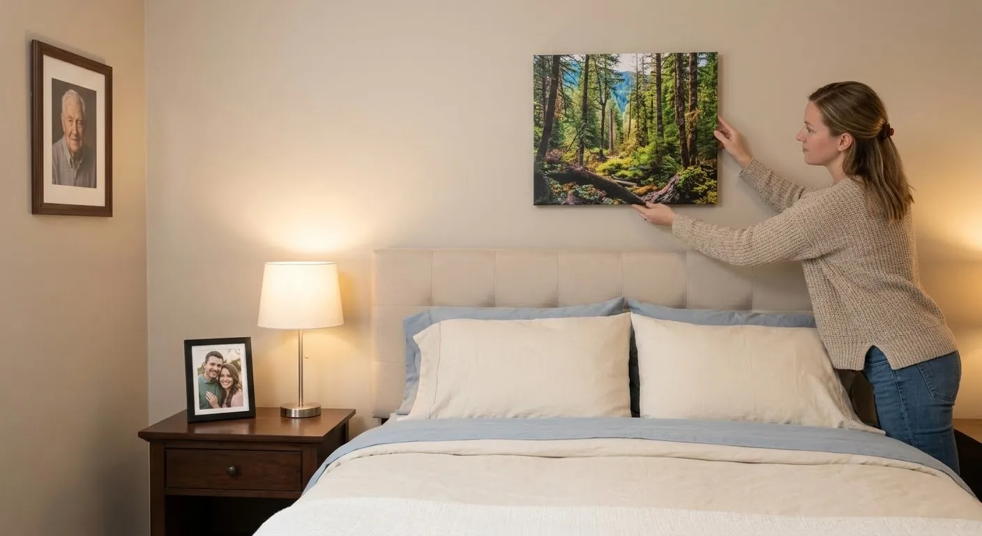 Bedroom displaying standard picture frame sizes including 5x7, 8x10 framed prints and a 16x20 canvas print above the bed