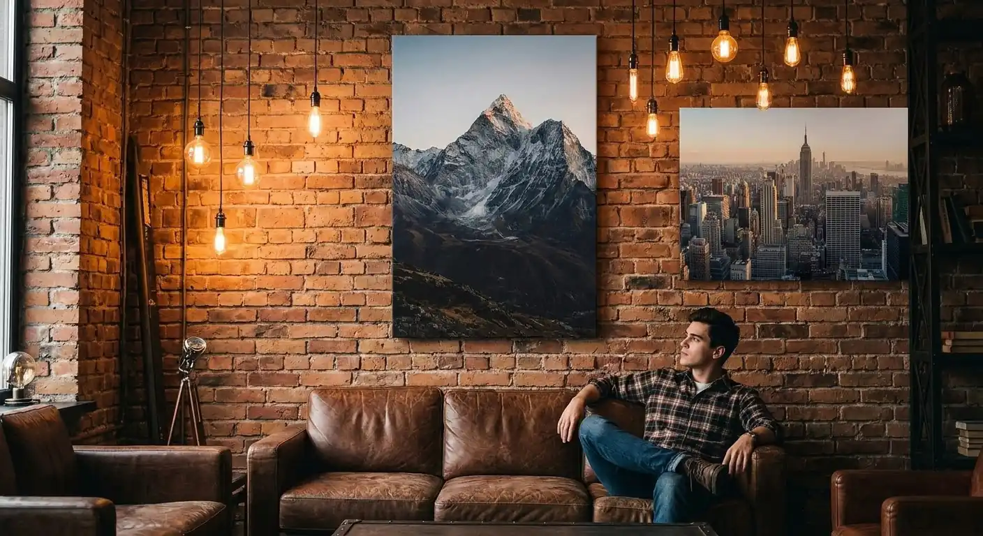 Large 24x36 and 20x30 custom poster prints displayed on exposed brick wall in a modern American loft apartment