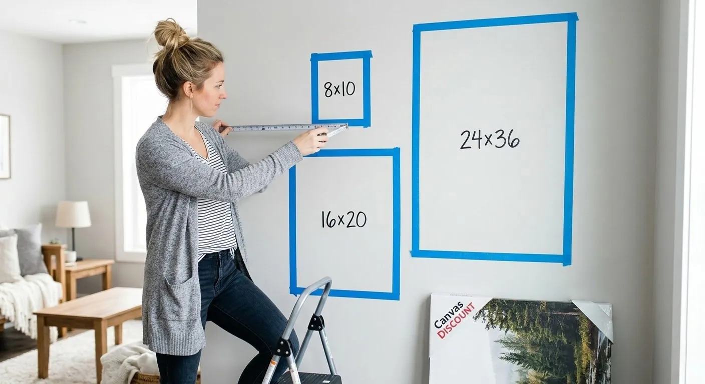 Woman measuring wall space with tape measure and painter's tape outlines showing different standard photo print sizes