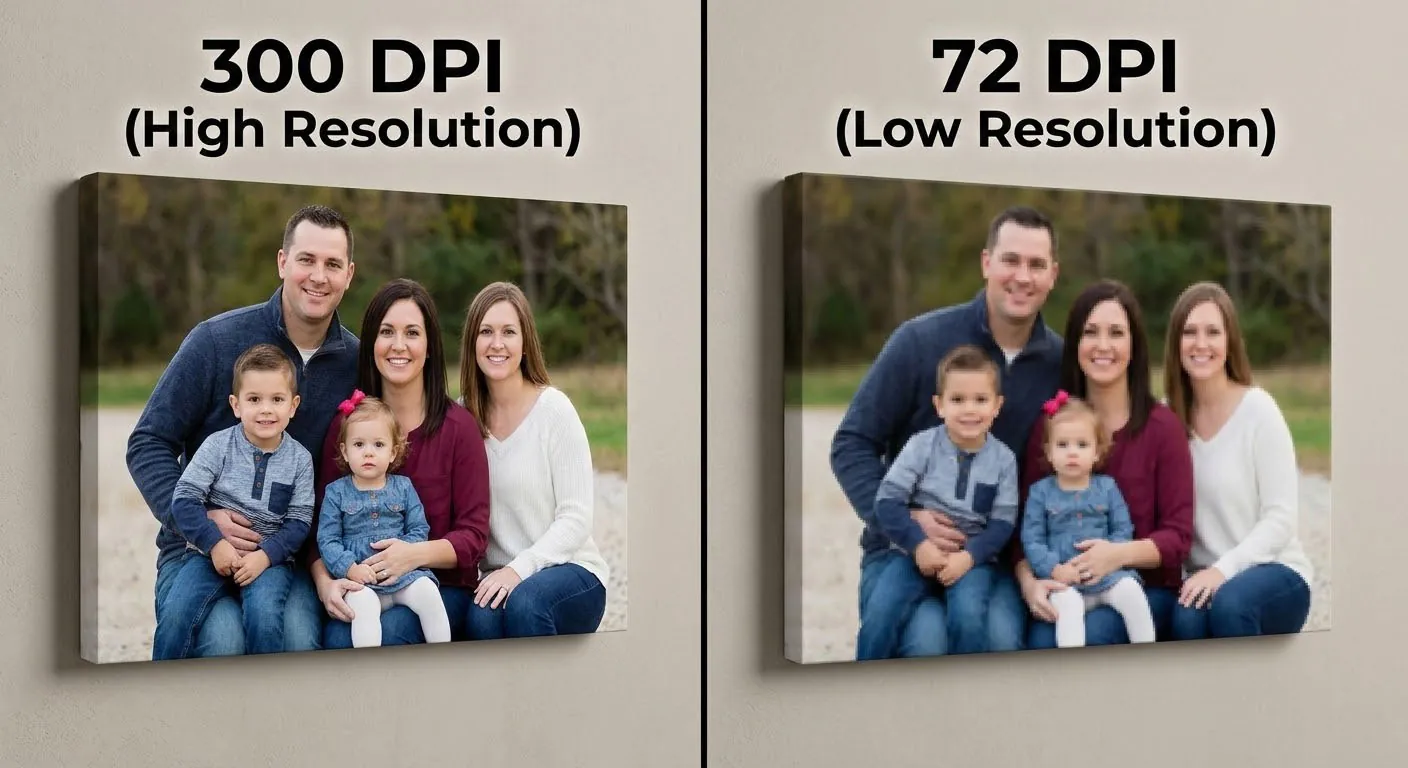 Side-by-side comparison of a 16x20 photo print at 300 DPI versus 72 DPI showing the difference in sharpness and quality