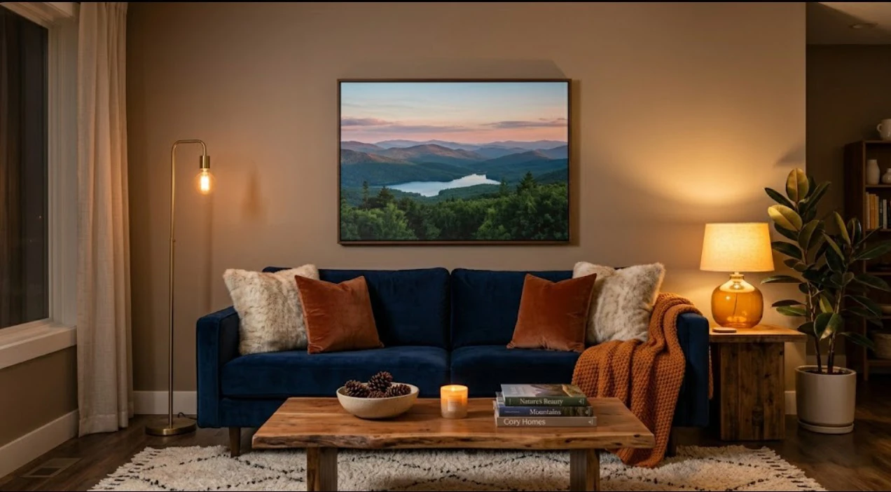 Styled living room with correctly sized canvas wall art hanging above a navy sofa demonstrating ideal proportions and height.