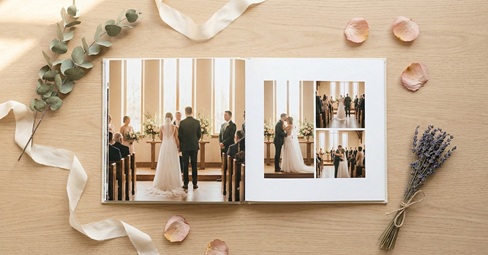 Open layflat wedding photo book showing ceremony and reception images on a wooden table with dried flowers