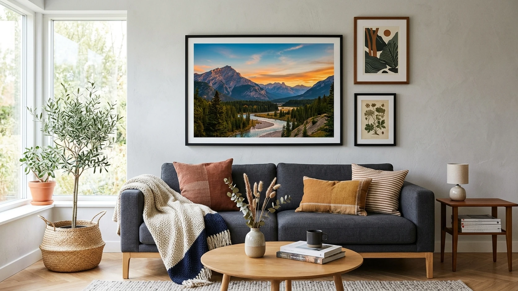 A framed mountain-and-river sunset poster hanging above a grey sofa in a cozy, plant-filled living room