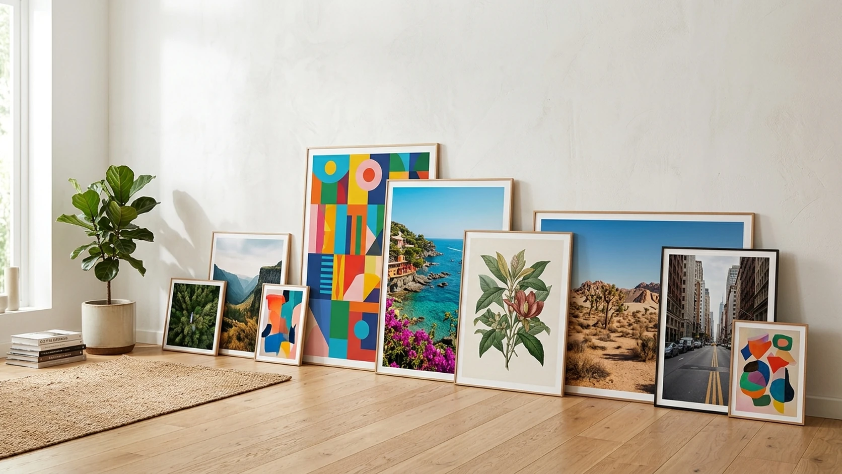 A row of custom posters and framed prints in varying sizes leaning against a white wall on a wooden floor