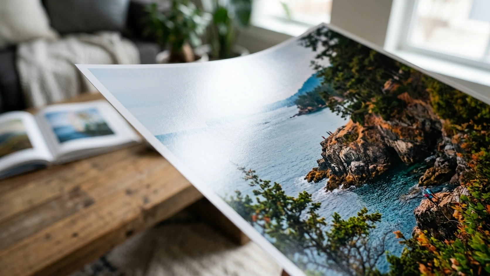 Close-up of a glossy photo poster print of a coastal cliff resting on a wooden table, showing the paper's sheen
