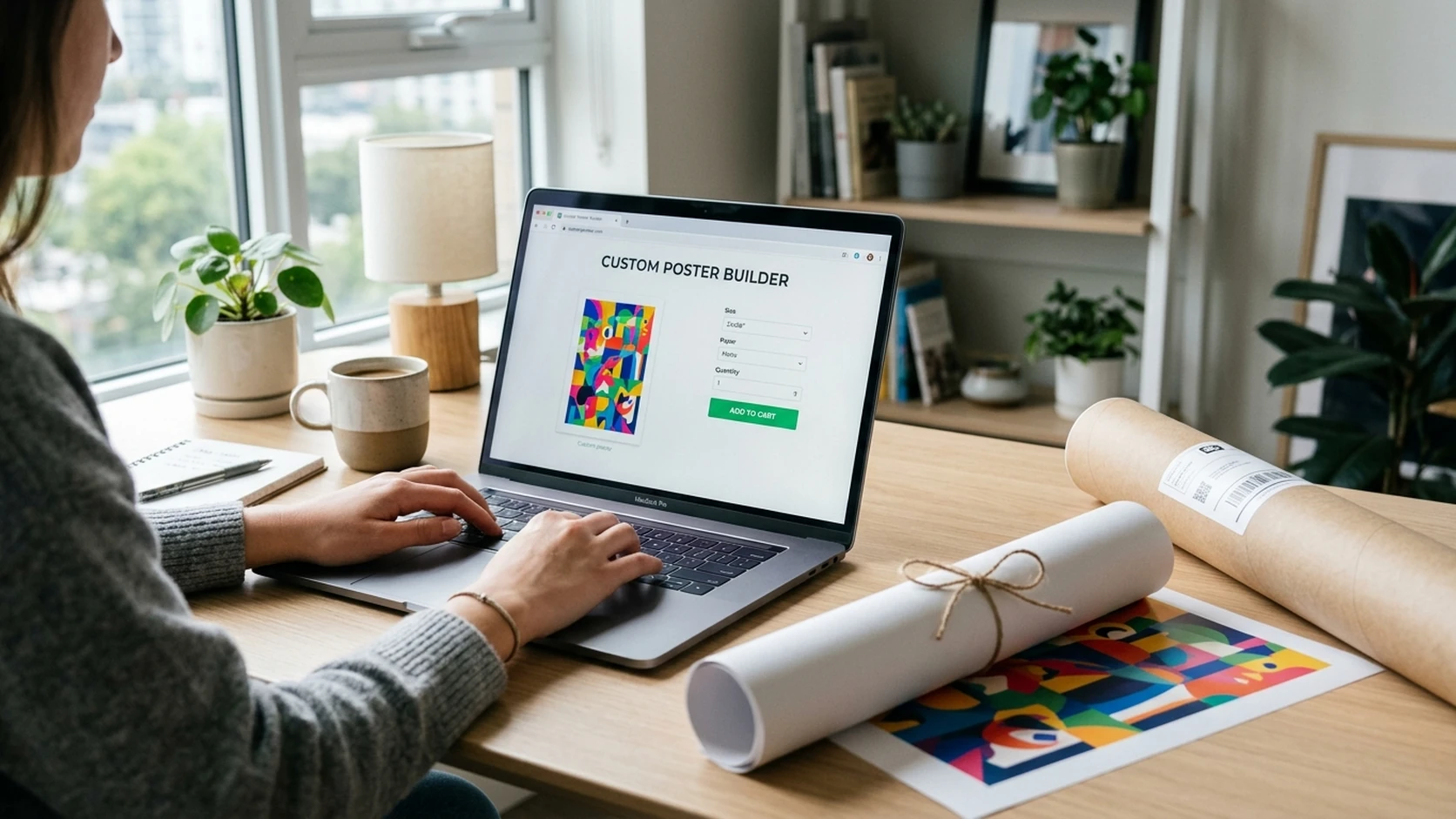 A woman ordering a custom poster on a laptop's poster builder, with a rolled poster and a mailing tube on the desk