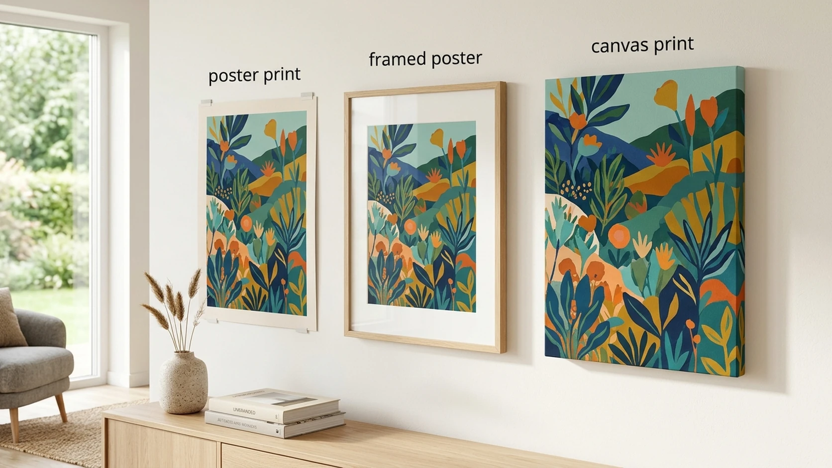 Three versions of the same botanical artwork side by side — a poster print, a framed poster, and a canvas print — on a living room wall