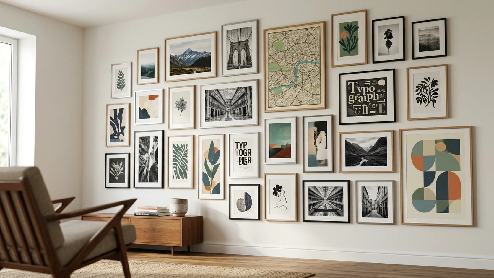 A large gallery wall of framed posters — a city map, landscapes, typography, and botanical prints — above a sideboard