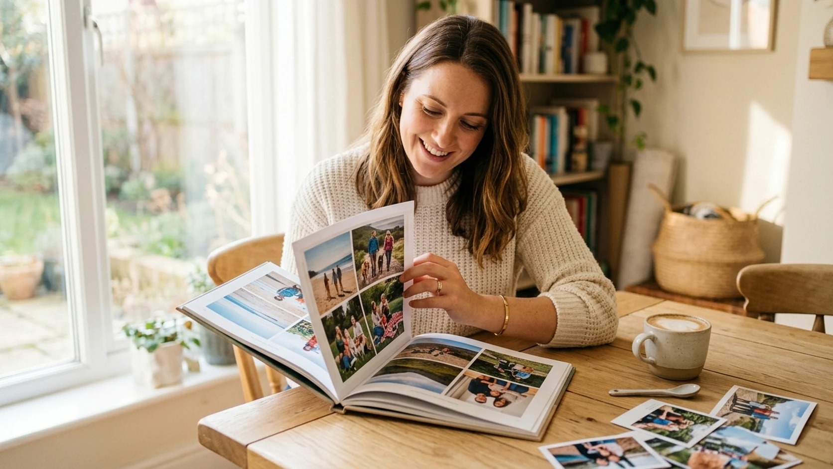 Smiling woman looking through an open hardcover photo book of family photos at a table