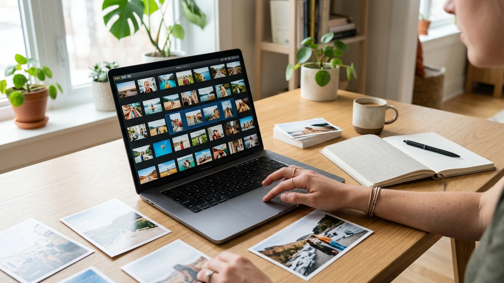 Person curating travel photos in a photo library on a laptop beside printed photos