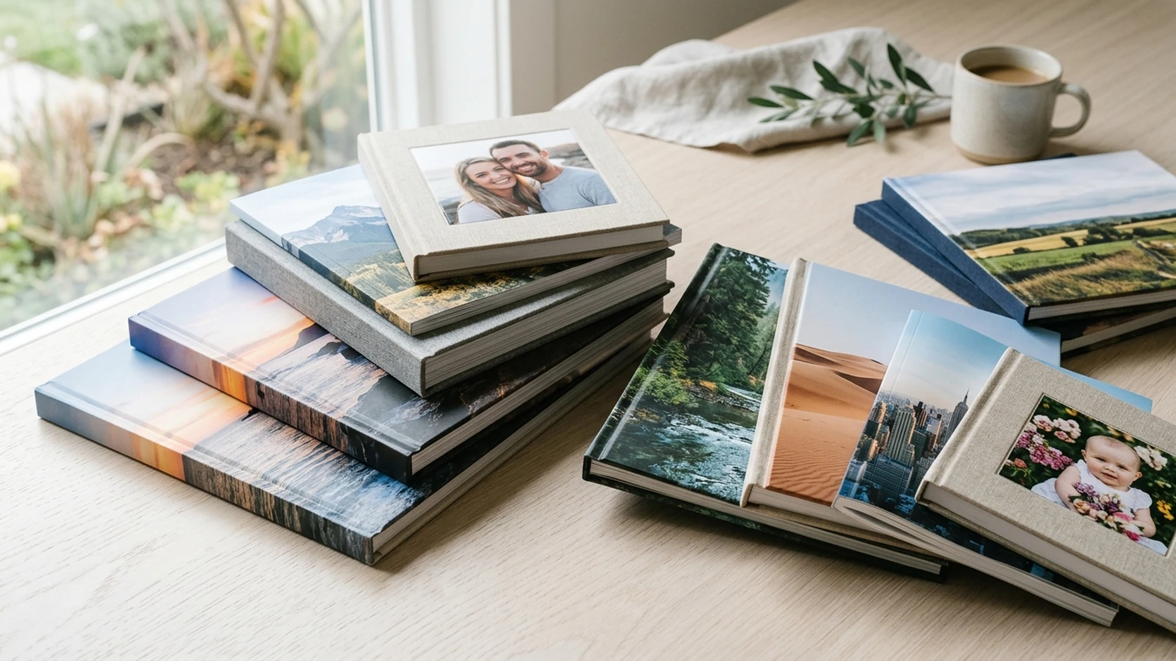 Hardcover photo books with landscape and family covers stacked and fanned open on a table