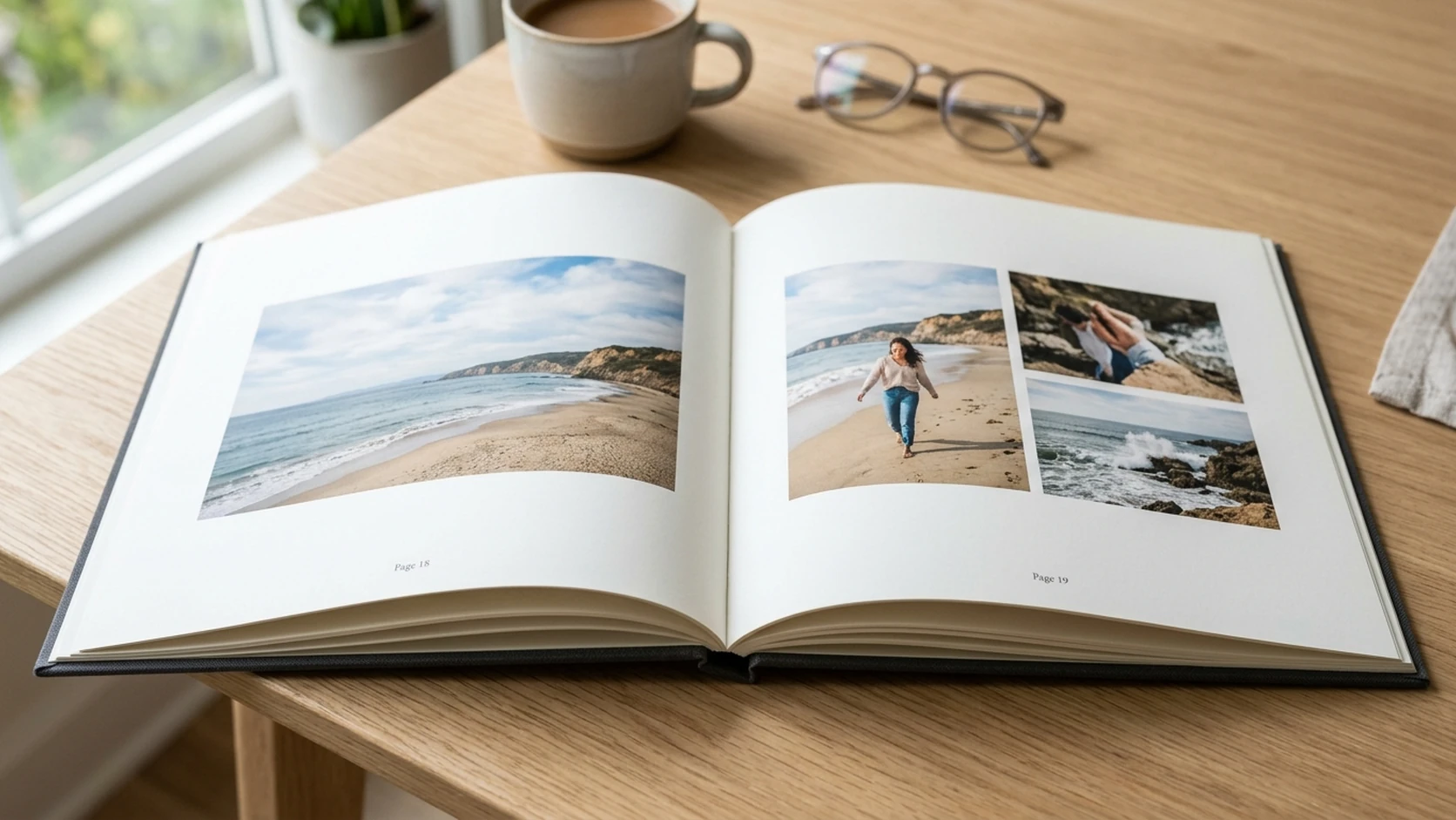 Open photo book showing a beach photo spread with a full-page seascape and smaller photos