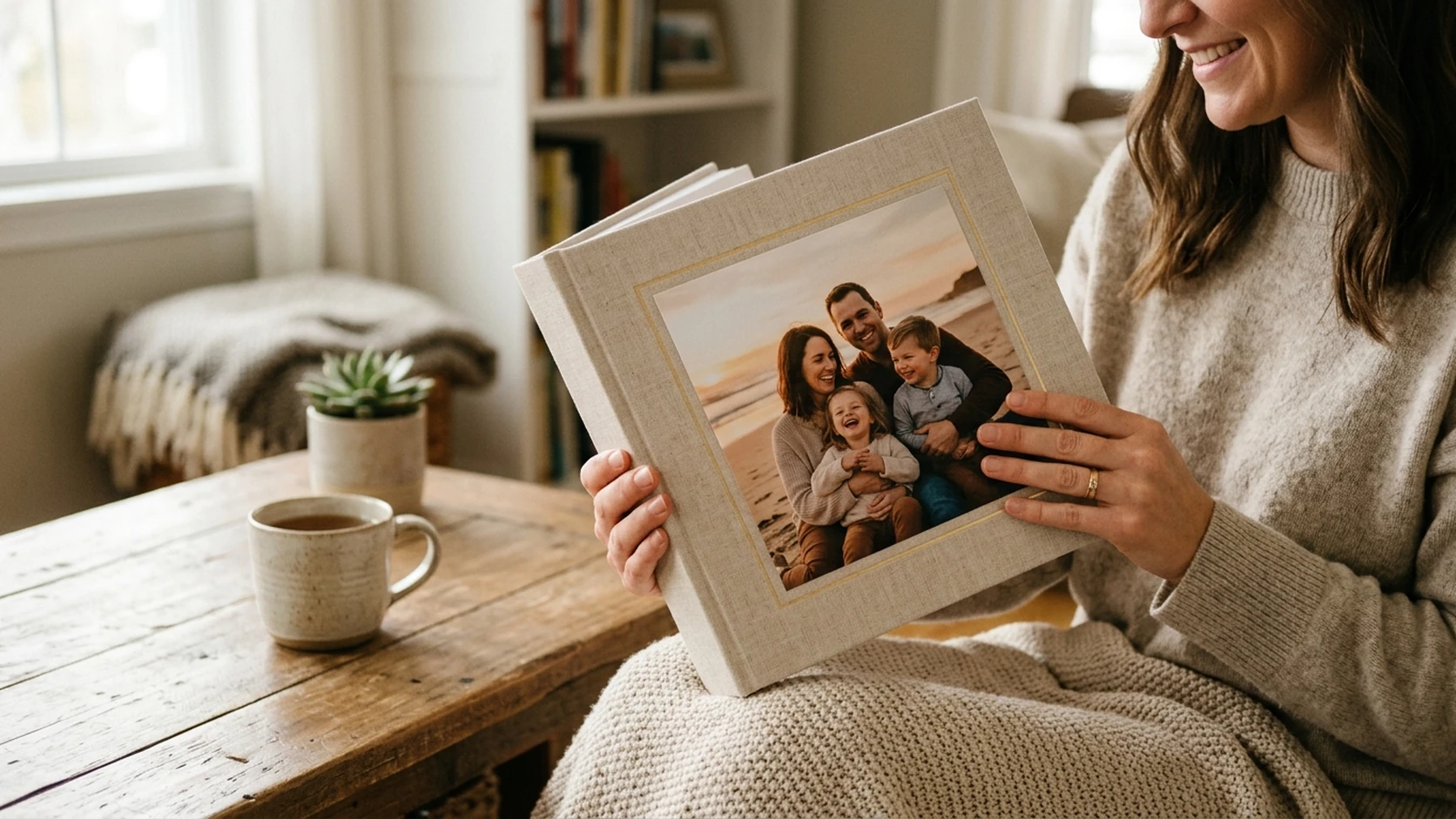 Woman holding a square linen photo book with a family beach portrait on the cover