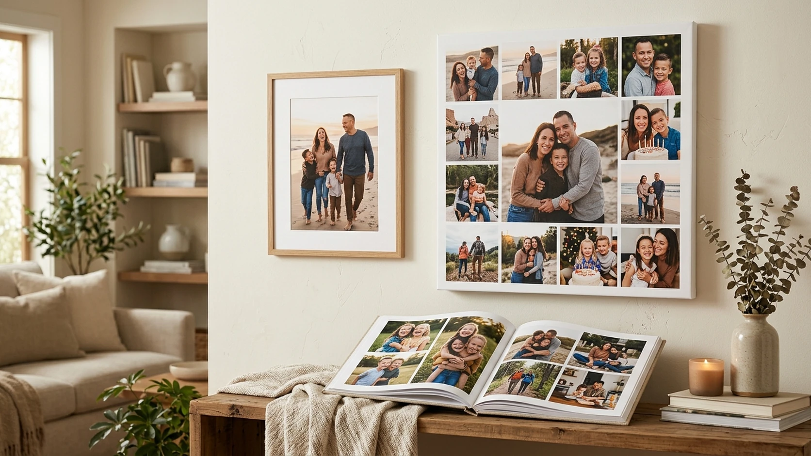 Family photo book open on a bench below a framed print and a photo collage canvas