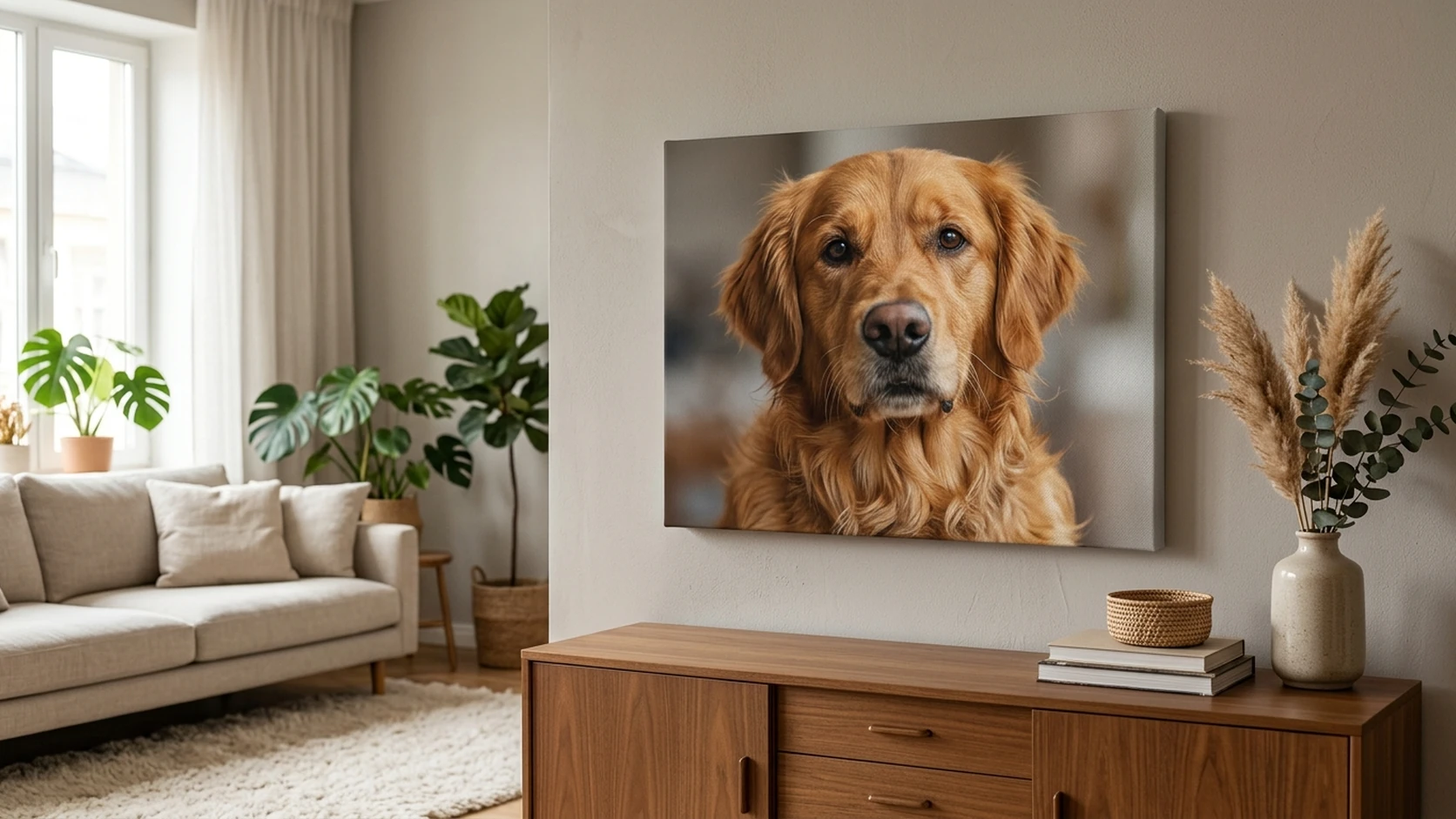 Golden retriever portrait on a canvas print above a wooden sideboard in a living room
