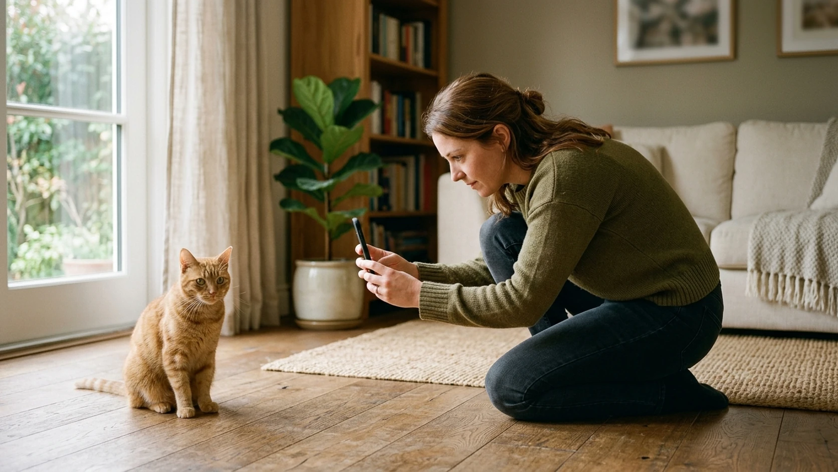 Woman photographing her orange tabby cat at eye level with a phone on the floor