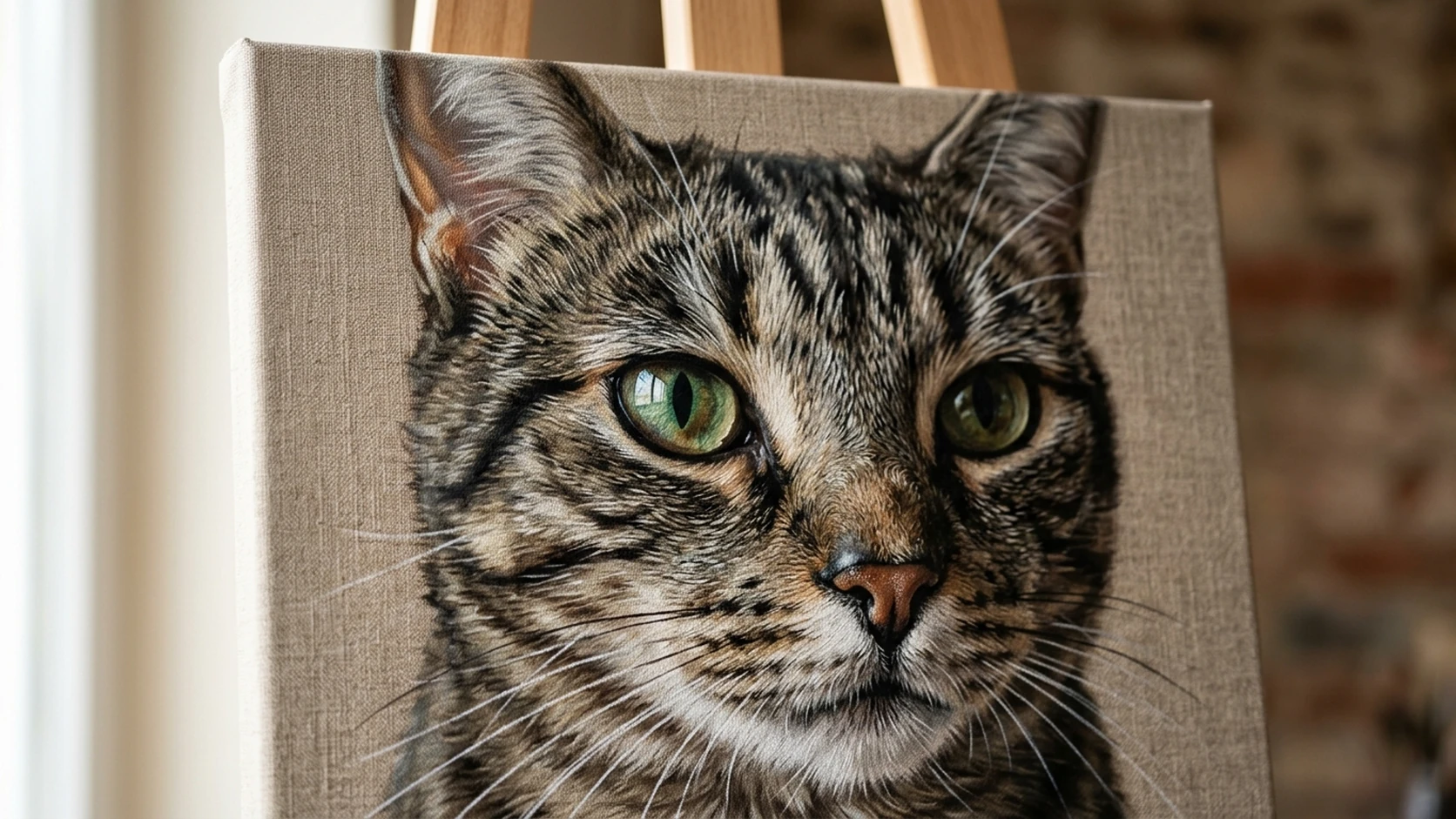 Close-up canvas print of a tabby cat with sharp green eyes on a wooden easel