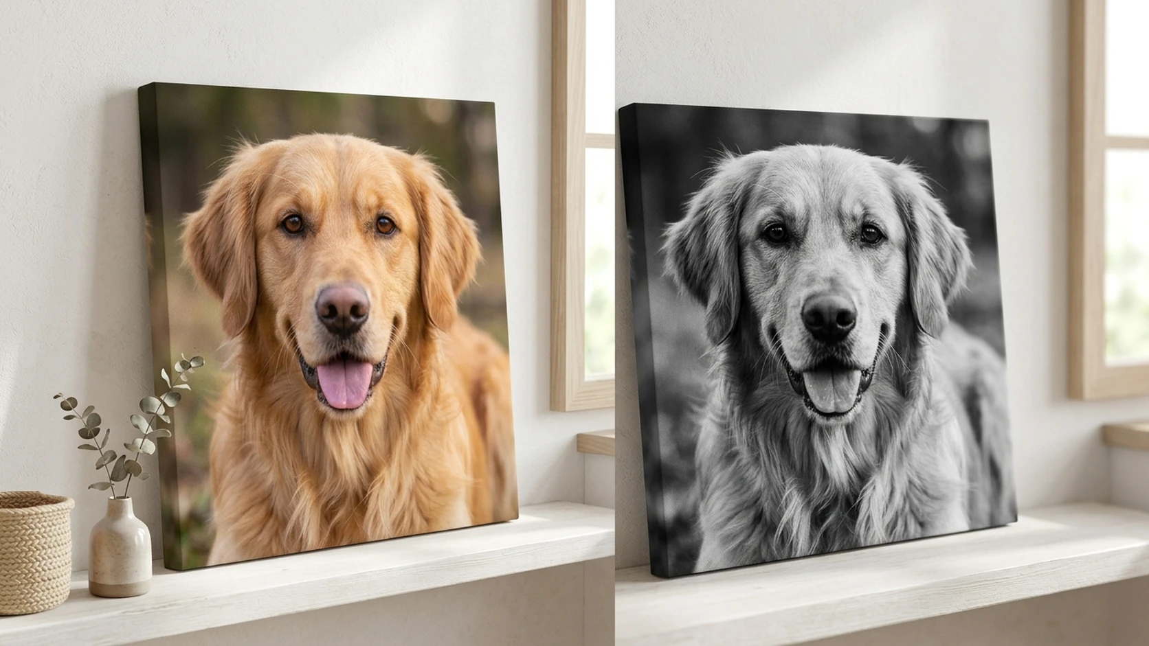 The same golden retriever portrait shown on canvas in color and in black and white