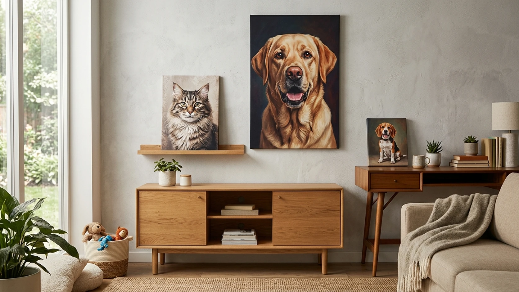 Pet portrait canvases on a wall and shelves: a cat, a Labrador, and a beagle