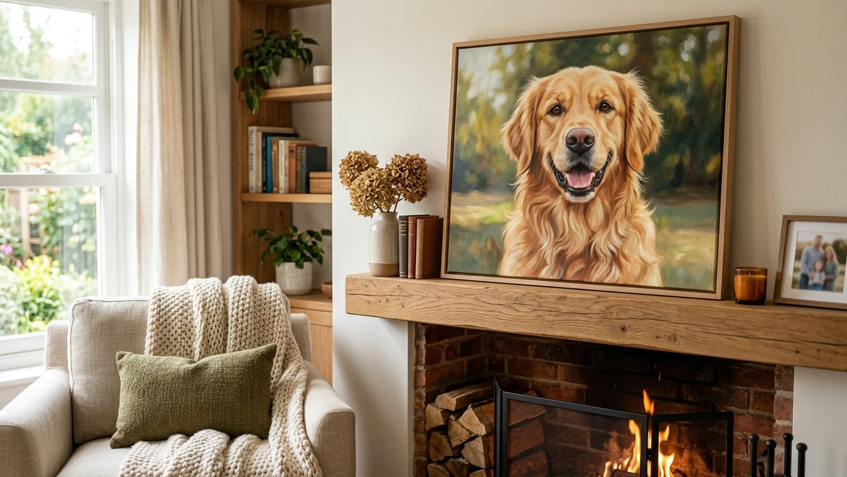 Golden retriever portrait canvas on a mantel above a lit fireplace